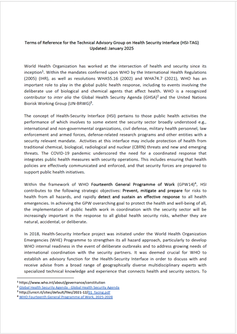 Terms of Reference for the Technical Advisory Group on Health Security Interface (HSI-TAG) 2025
