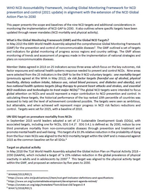 WHO NCD Accountability Framework for NCD Implementation Roadmap