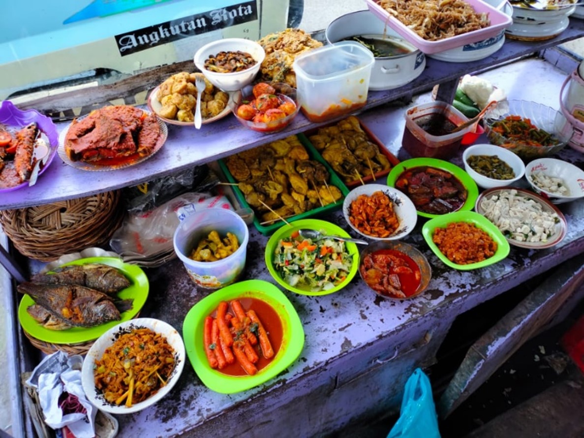 Plates of food in a food stall in Cirebon, West Java.